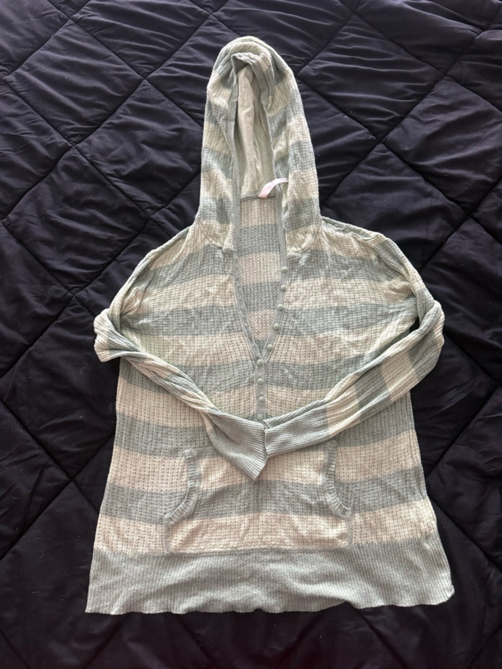 {AEROPOSTALE} Light and Dark Green Striped Hooded Button Pullover